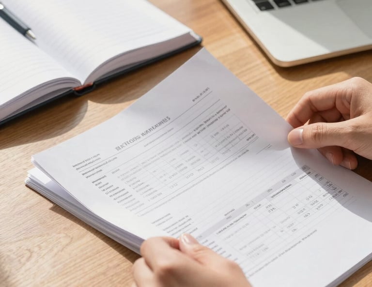 Close-up of organized hands sorting through printed financial documents on a clean wooden desk, warm afternoon daylight streaming from the left, a ledger open beside a laptop keyboard, soft focus background