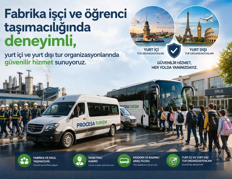Procesa Turizm servis araçları ile fabrika işçi ve okul öğrenci taşımacılığı hizmetleri.