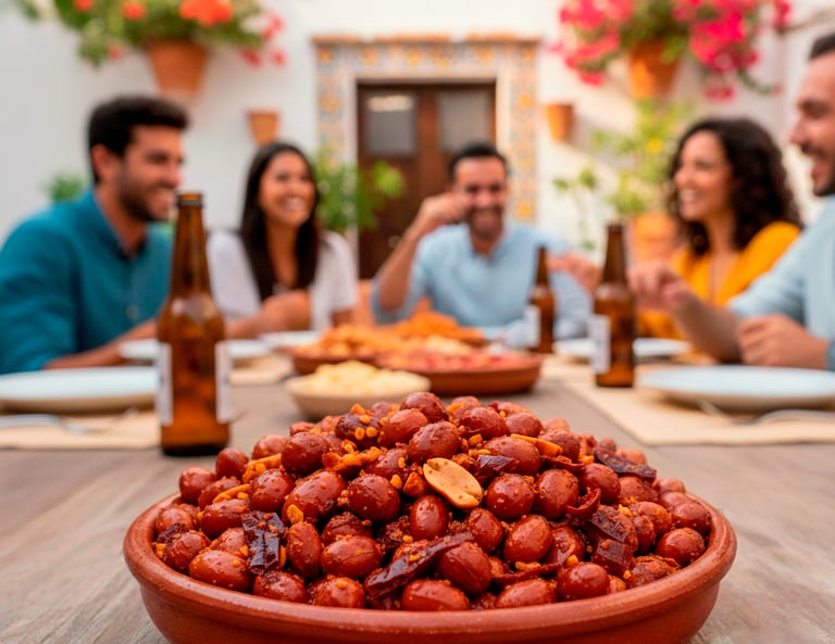 Spicy roasted peanuts in a clay bowl with people sharing snacks and drinks on a sunny patio.