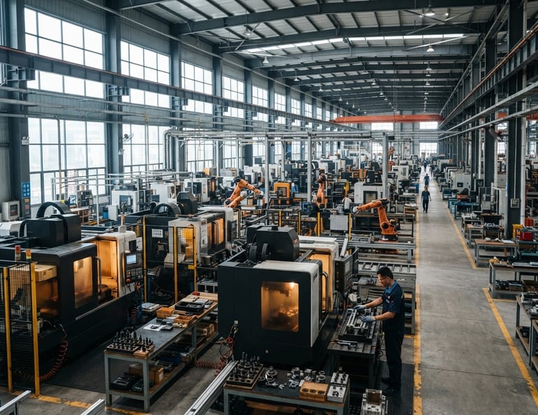 Cool crisp industrial daylight, wide environmental shot of a modern manufacturing plant in Foshan, high-contrast precision machinery, 35mm lens