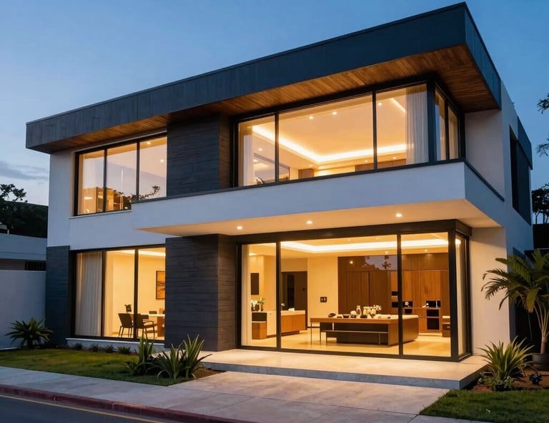 Wide shot of a luxury modern South American Brazilian home at dusk, featuring automated warm interior lighting and large glass windows, exterior with dark blue and white textures, elegant professional architecture photography.