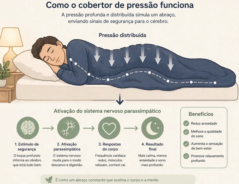 Infográfico explicativo sobre como o cobertor de pressão ajuda no relaxamento e qualidade do sono.