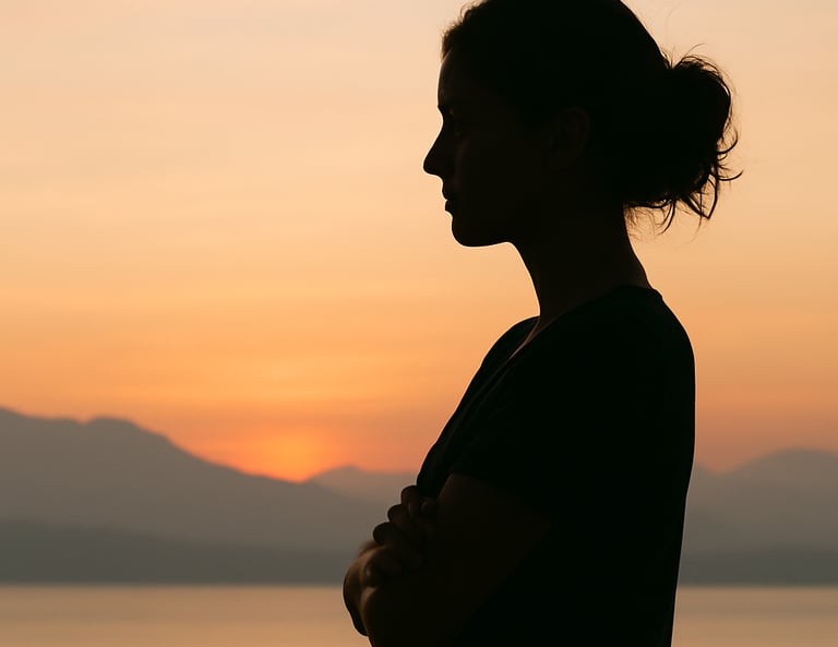A subtle silhouette of a woman with arms folded gently or standing in quiet reflection.