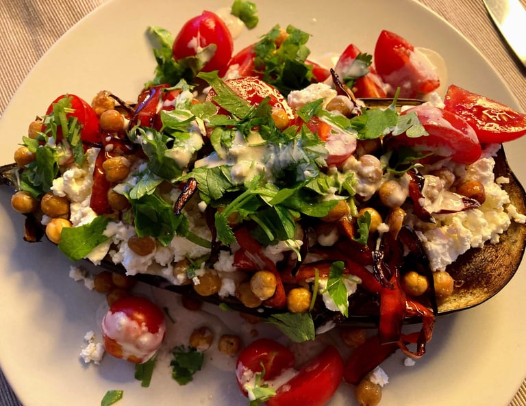 eggplant with feta, spicy chickpeas, red pepper and garlic