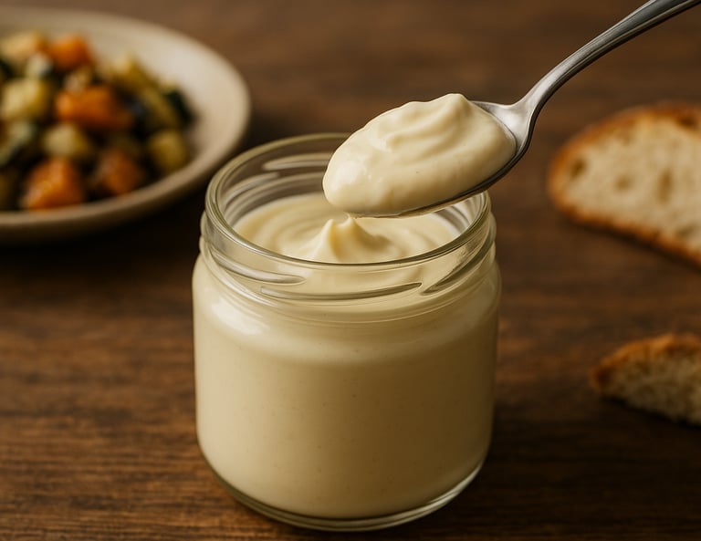 A spoon scooping a dollop of velvety mayonnaise from the jar.