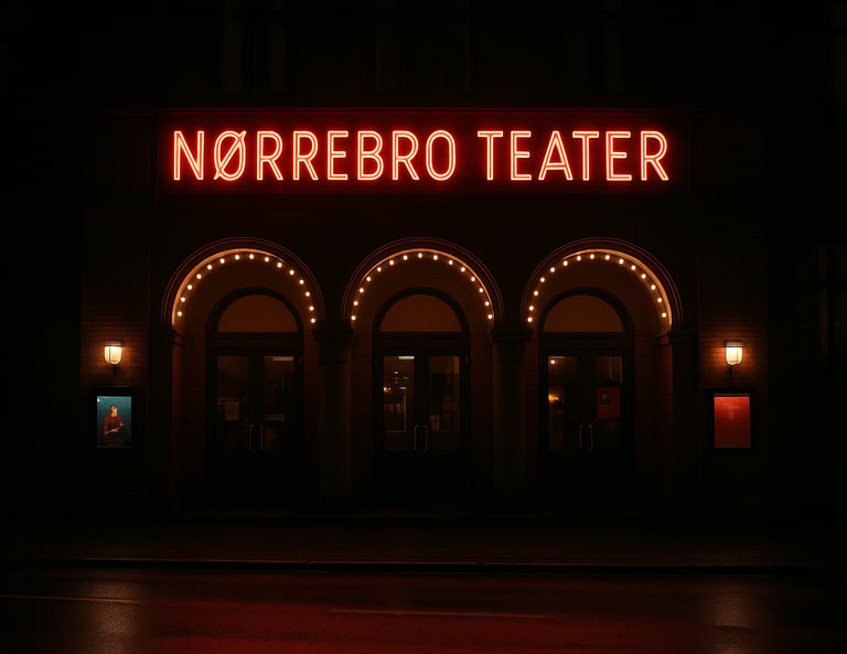 Nørrebro Teater entrance at night, inviting and slightly dramatic atmosphere