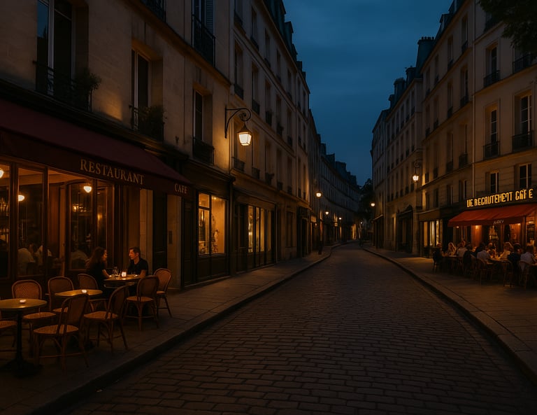 Parisian street at dusk, warm café lights glowing, a sense of quiet adventure in the air