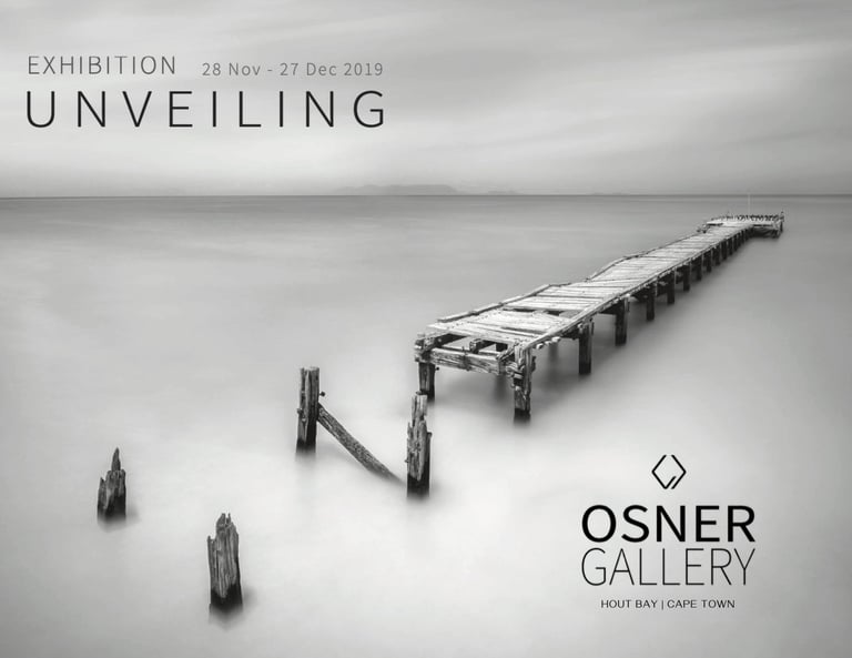 Unveiling exhibition poster featuring a black-and-white seascape photograph of a weathered jetty, presented by Osner Gallery 