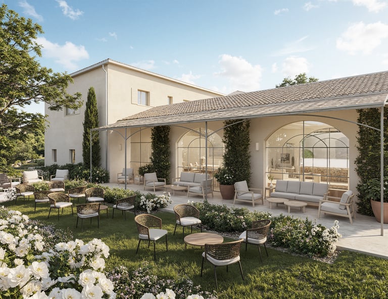 Luxury wine estate outdoor with elegant garden furniture and white flowers at a Mediterranean villa.