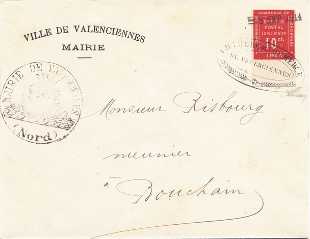 Briefmarke der Handelskammer von Valenciennes:  Ungezähnte Briefmarke zu 10 Centimes.