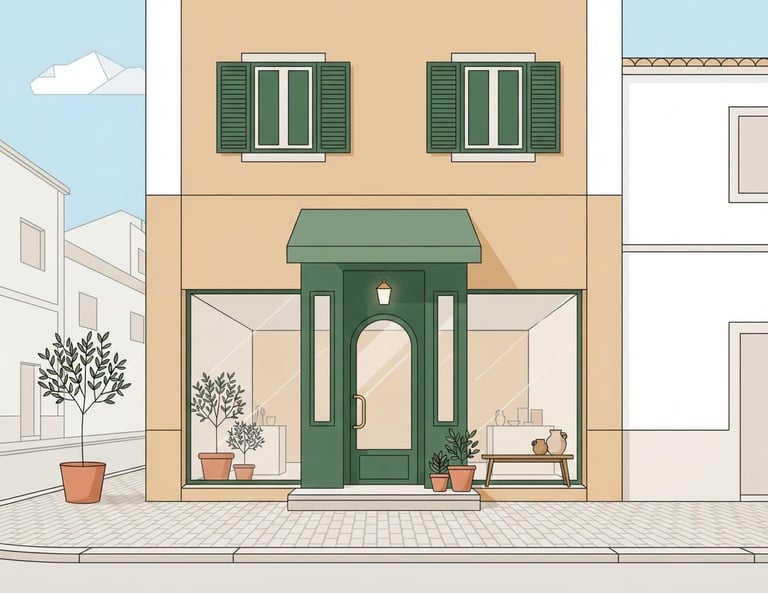 A minimalist flat vector illustration of a modern Portuguese storefront with clean geometric lines, soft forest green and warm sand accents, elegant negative space.
