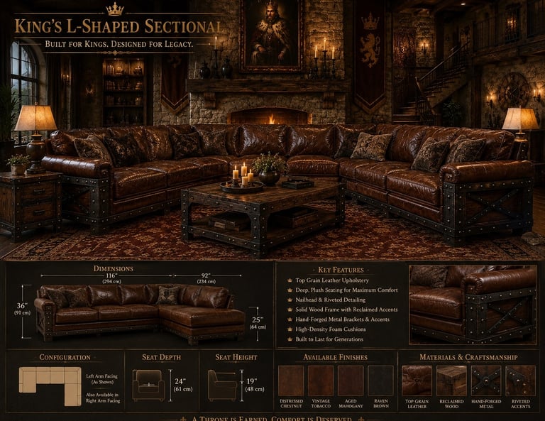 King's L-shaped brown top grain leather sectional sofa with nailhead trim in a rustic medieval living room.