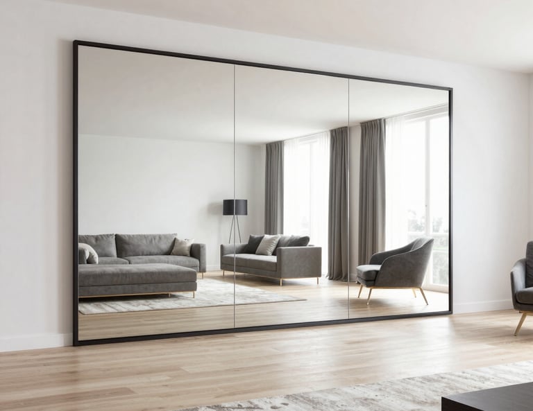 Grand miroir sur mesure pour salon créant une profondeur de pièce.