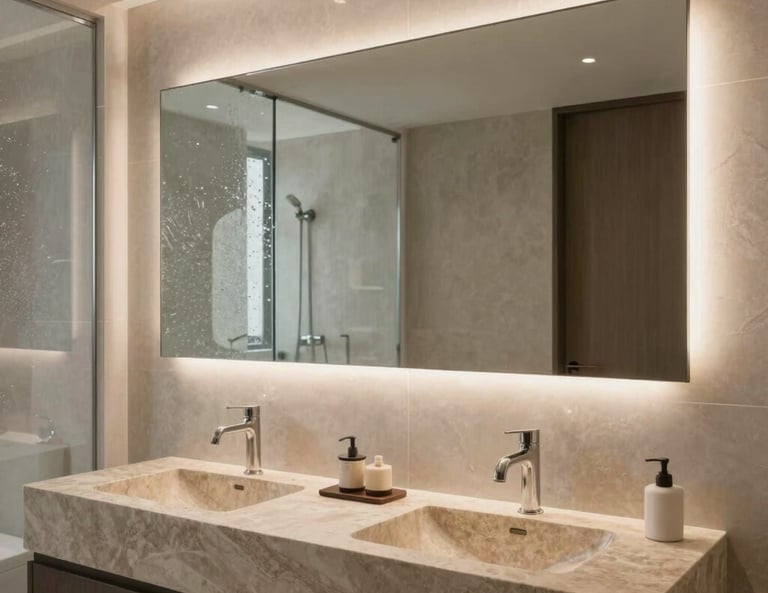 Miroir sur mesure rétroéclairé installé au-dessus d'une double vasque.