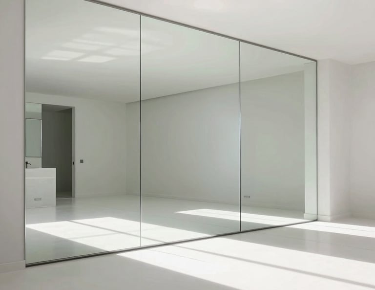 Miroir sur mesure couvrant un mur d'entrée pour amplifier l'espace.