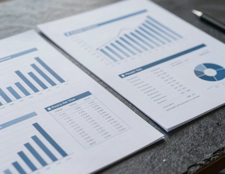 Close-up editorial photograph of structured financial reports and corporate plans on a dark slate table, soft natural side lighting, cool gray and deep navy tones, sharp focus