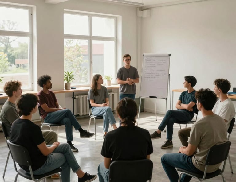 Wide shot of a workshop room, participants seated in a loose circle of chairs, one facilitator standing near a flip-chart with handwritten notes visible, natural light through large windows, neutral walls, people attentive and mid-discussion, no one looking at camera