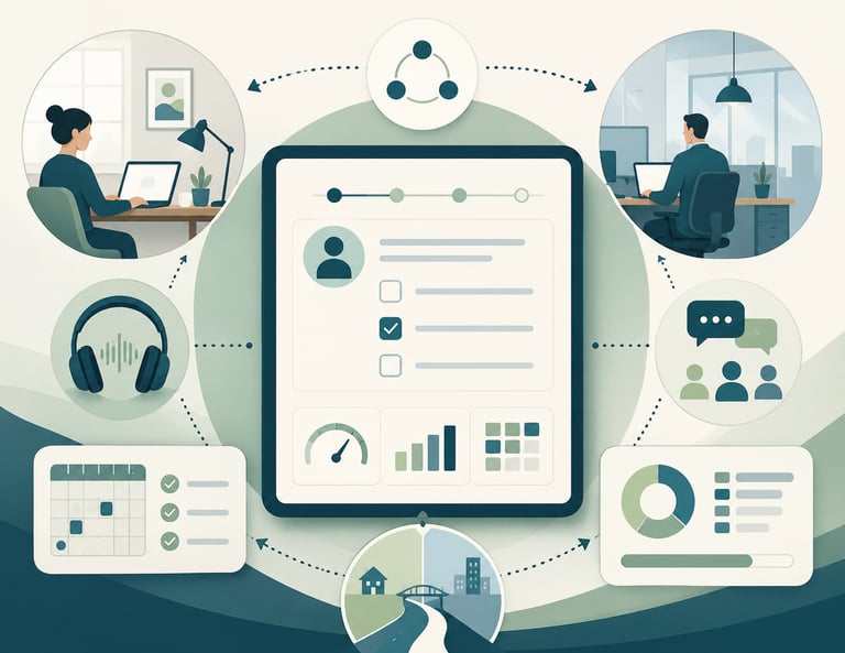 Illustration of a remote work management dashboard showing digital collaboration tools and employee productivity metrics.