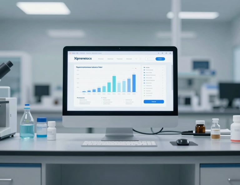 A modern, high-tech pharmaceutical or laboratory setting with glass surfaces and digital screens displaying regulatory compliance charts. The color palette features sophisticated shades of grey and soft blues, suggesting unwavering trustworthiness and expertise in regulatory matters.