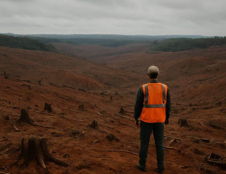 Wide environmental documentary shot, deforested hillside in Brazil with exposed red earth and scattered tree stumps, overcast grey daylight, a single volunteer agent in orange identification vest standing at the edge surveying the damage, camera at ground level, vast degraded landscape extending to the horizon