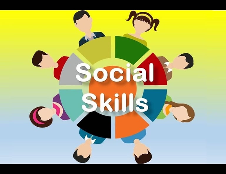 a group of people sitting around a circle with the words social skills