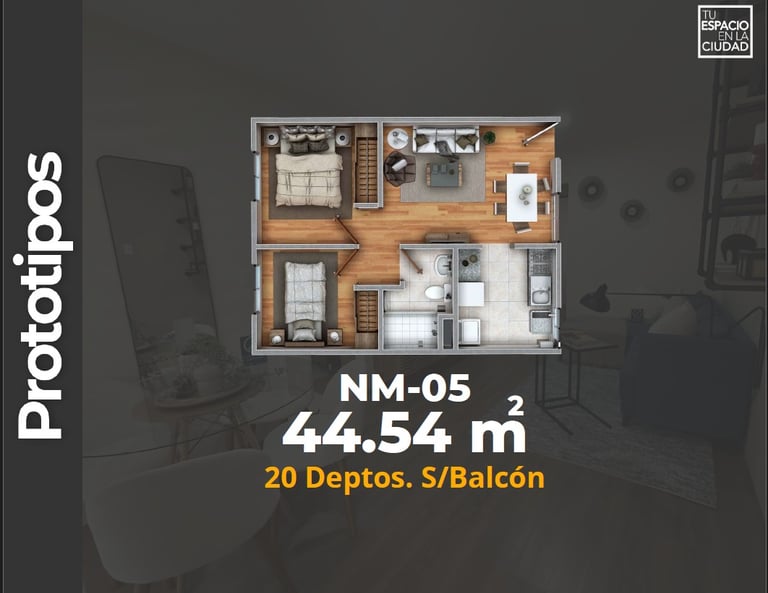 LASU Características Depto.  Plano con 2 recamaras, sala comedor, baño y cocina. 44 m2