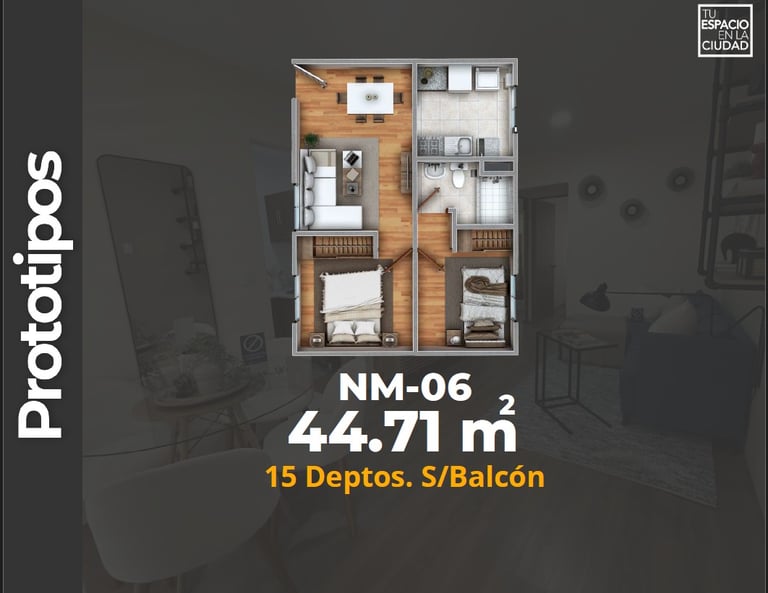LASU Características Depto.  Plano con 2 recamaras, sala comedor, baño y cocina. 44 m2