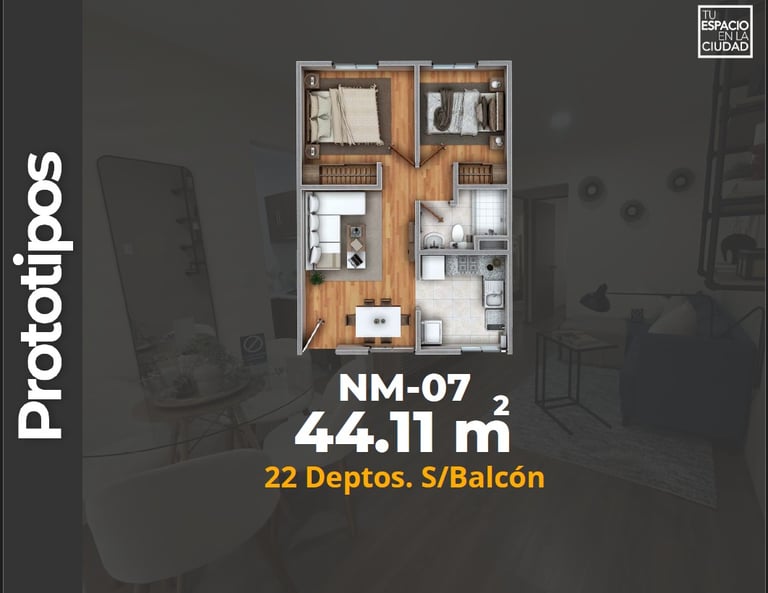 LASU Características Depto.  Plano con 2 recamaras, sala comedor, baño y cocina. 44 m2