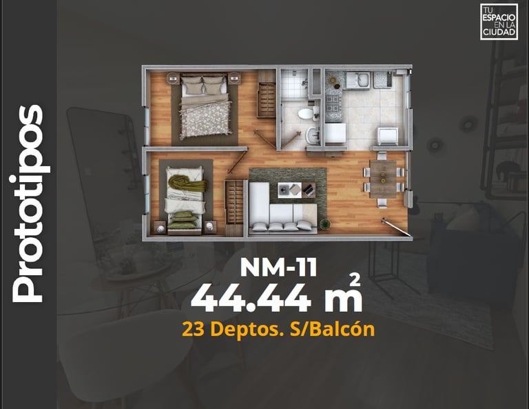 LASU Características Depto.  Plano con 2 recamaras, sala comedor, baño y cocina. 44 m2