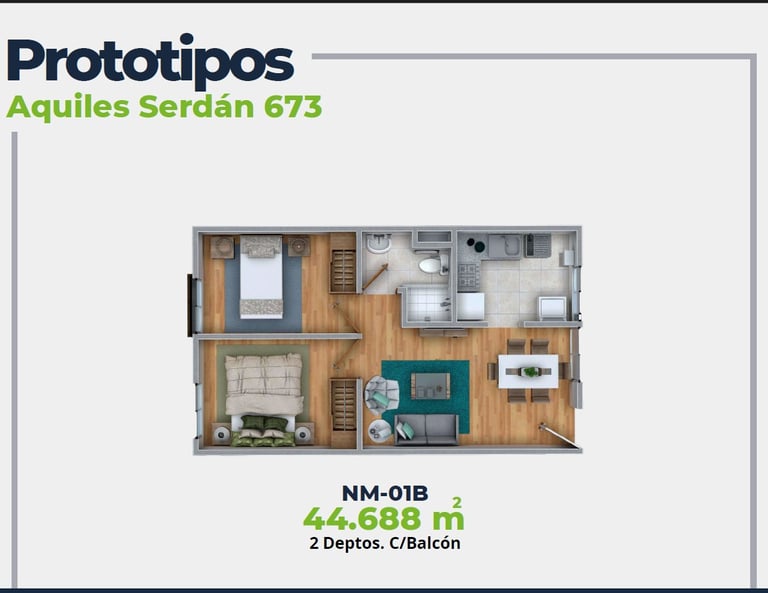 ASER Caracteristicas Departamento. Plano con 2 recamaras, sala comedor, baño y cocina. 44 mts2