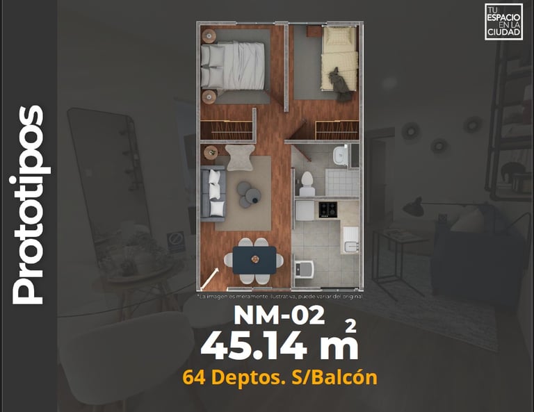 FECA Características Depto.  Plano con 2 recamaras, sala comedor, baño y cocina 46 m2