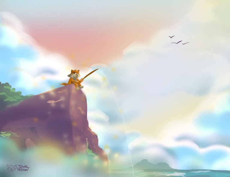 A whimsical cartoon cat illustration of a cat on an adventure fishing off of a cliff.