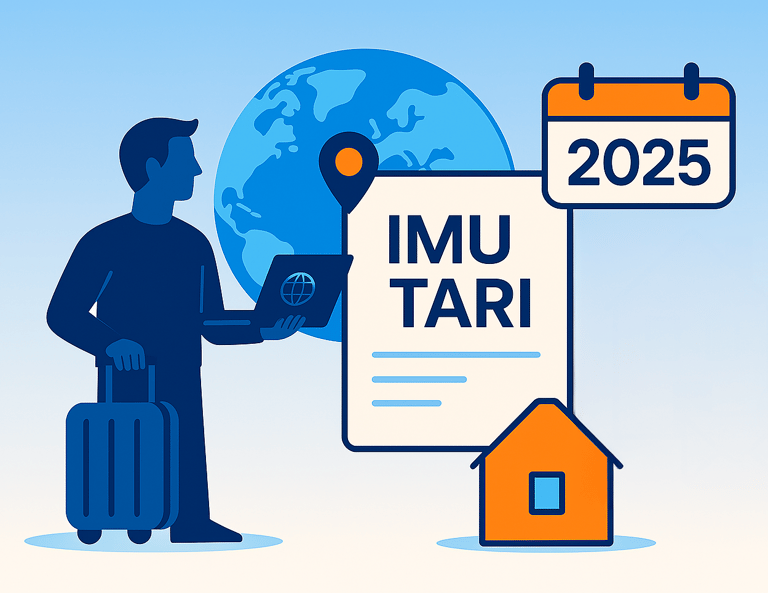 Globo, casa, documento IMU/TARI, calendario 2025, busta con ! e silhouette con valigia CAF Public