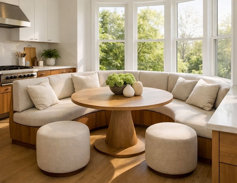 Custom corner banquette with upholstered seating for a breakfast nook