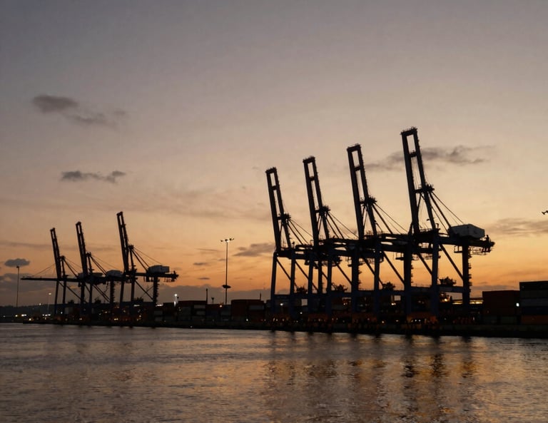 Wide cinematic frame, deep dusk light over a vast industrial port — container cranes silhouetted against a bruised amber and charcoal sky, still water reflecting the last light, no people visible, shot from low angle to emphasize scale and weight
