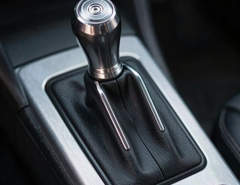 Technical straight-on close-up of a gated manual shifter in an aluminum console, moody low-key workshop lighting, sharp focus on the metallic gates, dark shadows.
