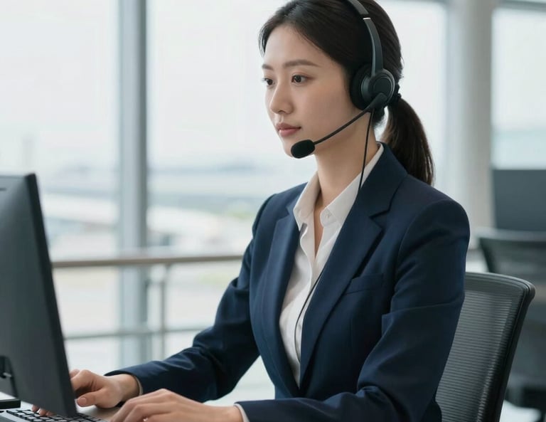 Professional travel assistance agent with a headset working in a clean, modern, high-trust corporate office, soft natural daylight, professional logistics environment