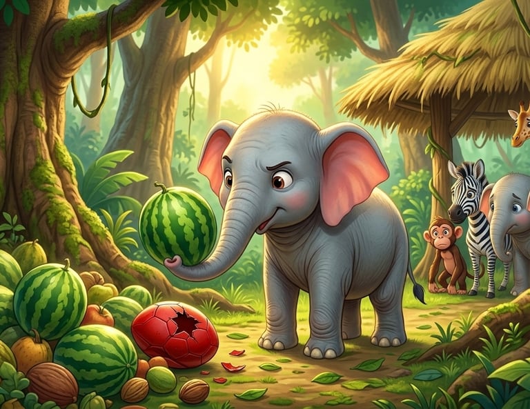 A cute cartoon elephant holding a watermelon in a jungle with a zebra, giraffe, and monkey.