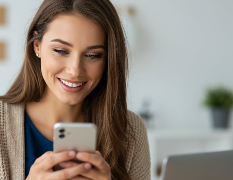 a woman smiling and holding a cell phone