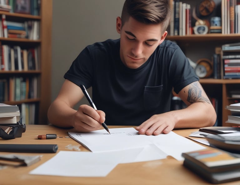 a man riding a skateboard down a street next to tall buildings