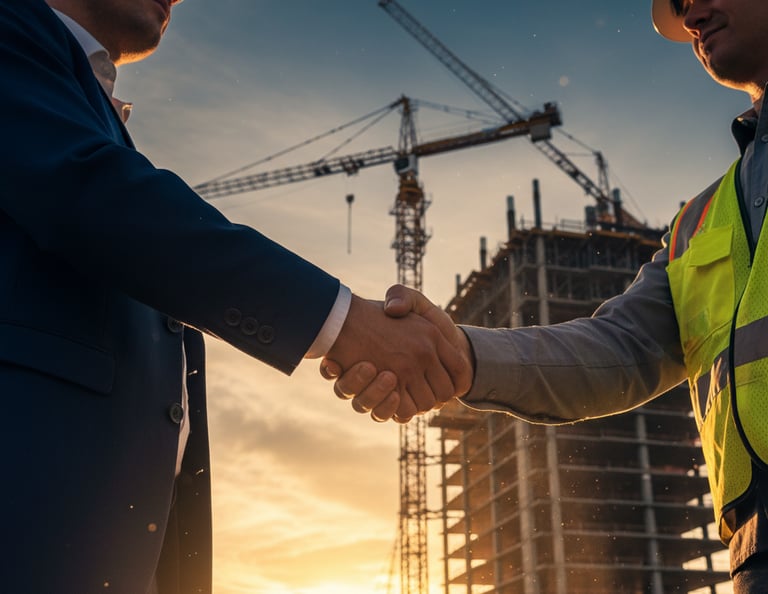 Project manager and contractor shaking hands on a construction site at sunset, representing trust
