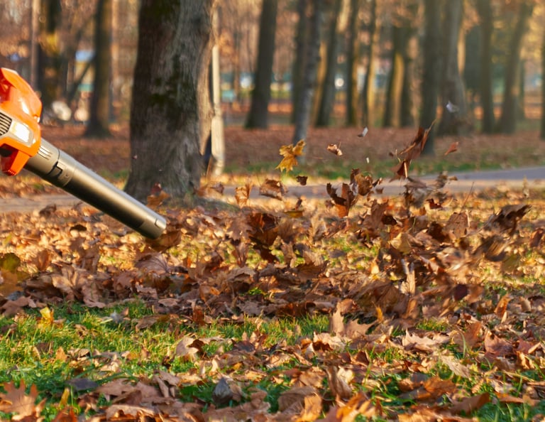 Los Chicos Exterior Solutions crew member using a leaf blower to clear fall leaves from a residentia