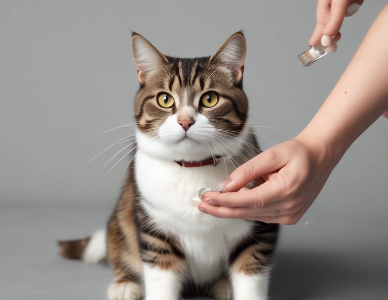 A cat with a beaded collar stands on a textured concrete surface, facing a human hand reaching out towards it.