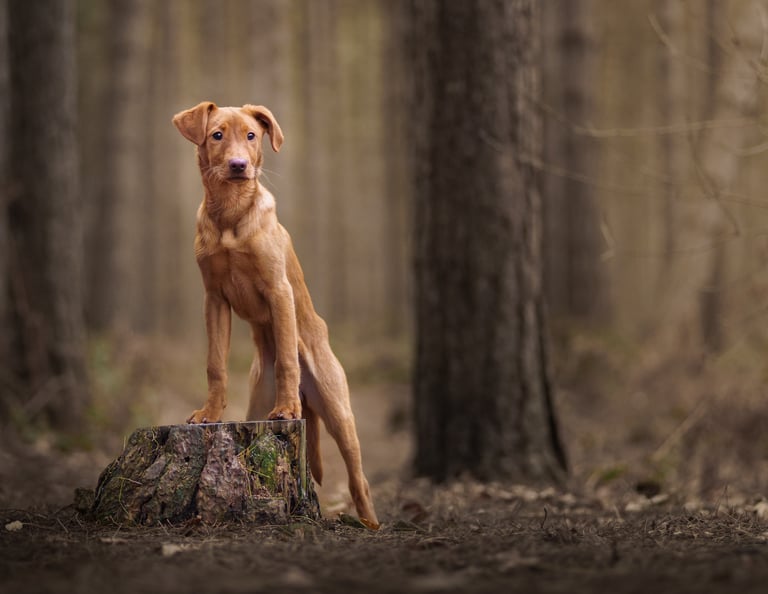 A brown Labrador puppy standing on a tree stump in a moody pet photography in wakefield