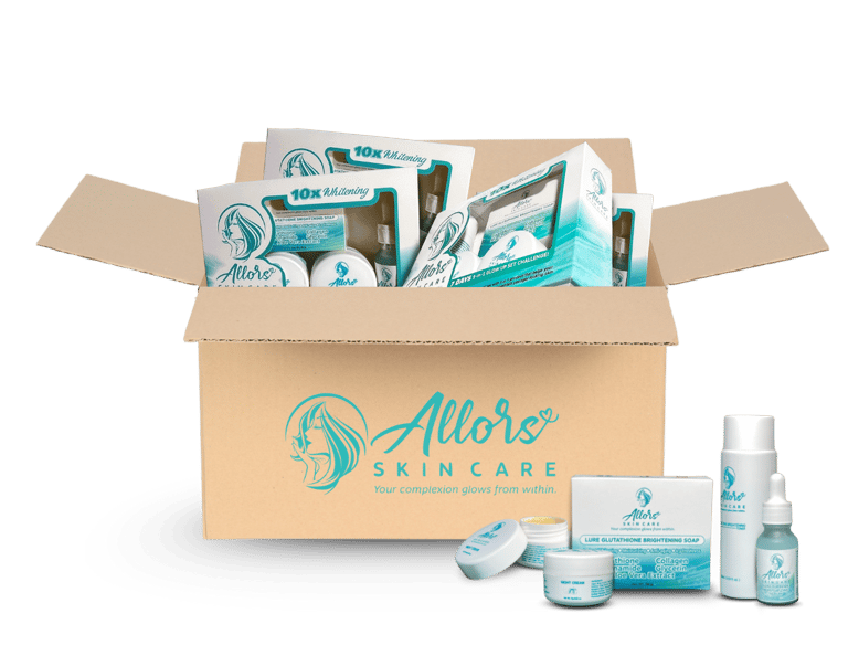 Cardboard box filled with Allors Skin Care products, including serums and creams, promoting glowing complexion.