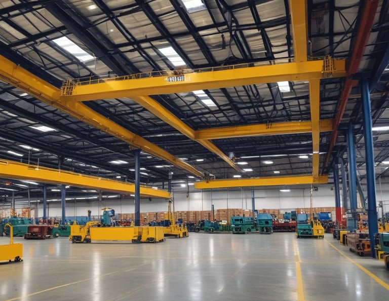 A tall construction crane with a lattice structure, stretching diagonally across the frame. The crane is equipped with several pulleys and cables, showcasing its industrial design.