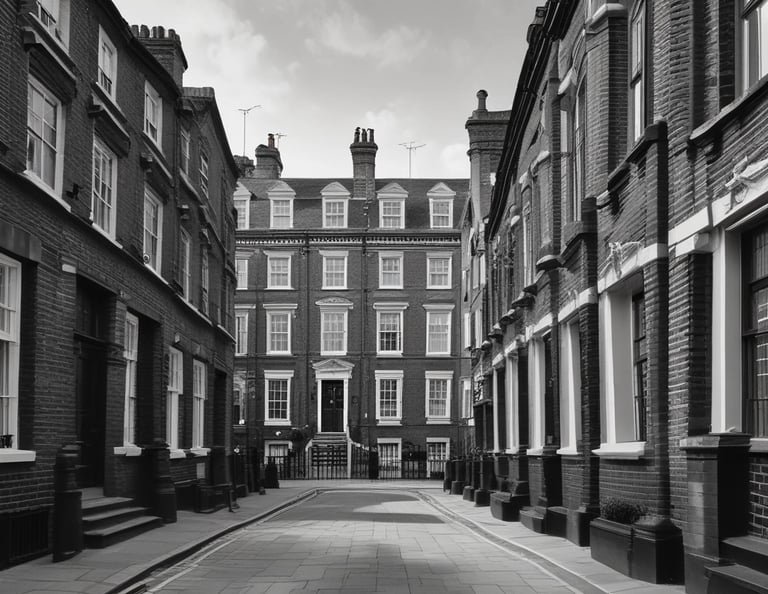 a black and white photo of an affluent residential street in London