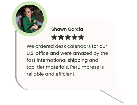 Desk calendar review from U.S. client praising fast international shipping and premium materials.