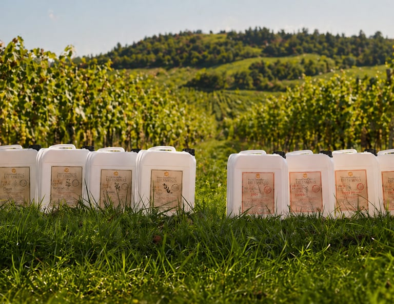 Phytodynamie products fertilizers in white containers set in a lush green vineyard under sunlight.