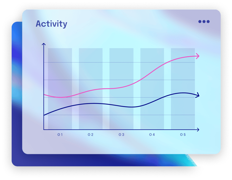 Activity dashboard showing a line graph with upward trends in pink and blue for data analysis.